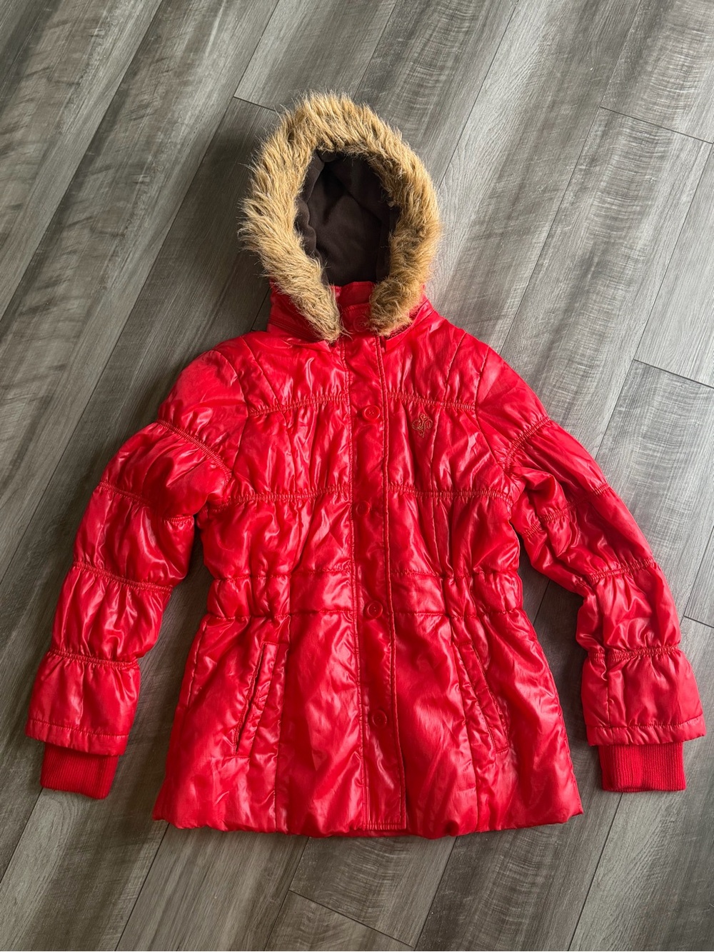 Vtg Y2K Southpole Women’s XL Red Puffer Coat w Removable Faux-Fur Trimmed Hood